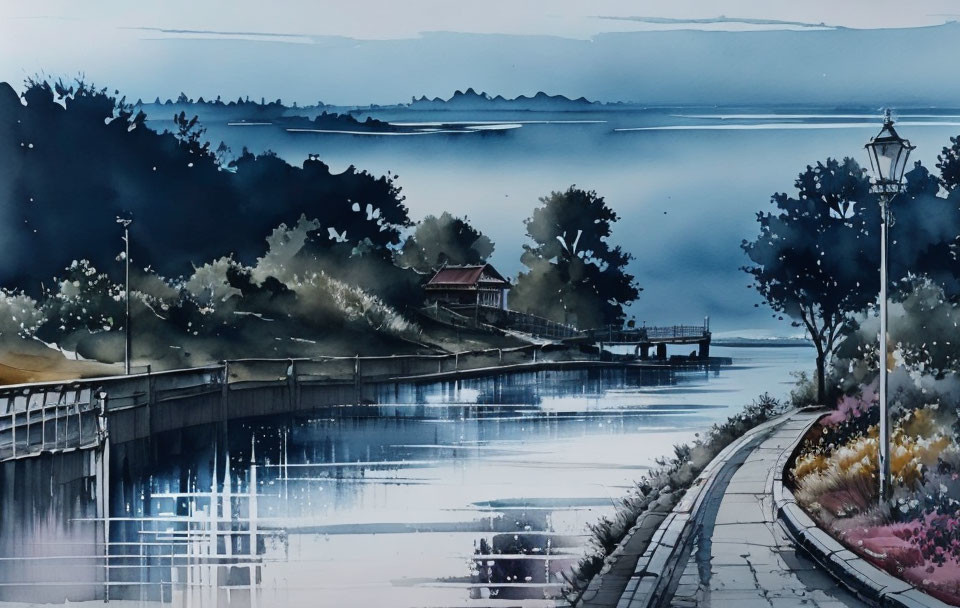 Tranquil lakeside watercolor with wooden walkway, street lamp, foliage, and hills under