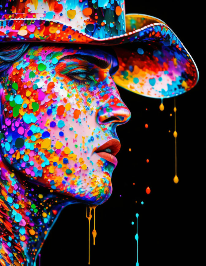 Neon-colored digital portrait with splattered paint effect, featuring a person in a hat with closed eyes