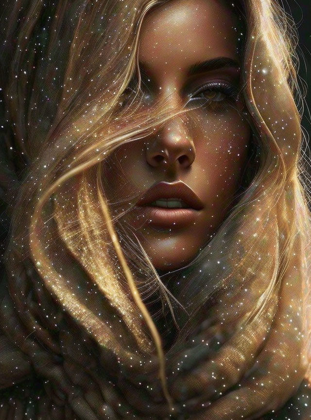 Portrait of woman with golden hair and freckles in starry night-inspired setting.