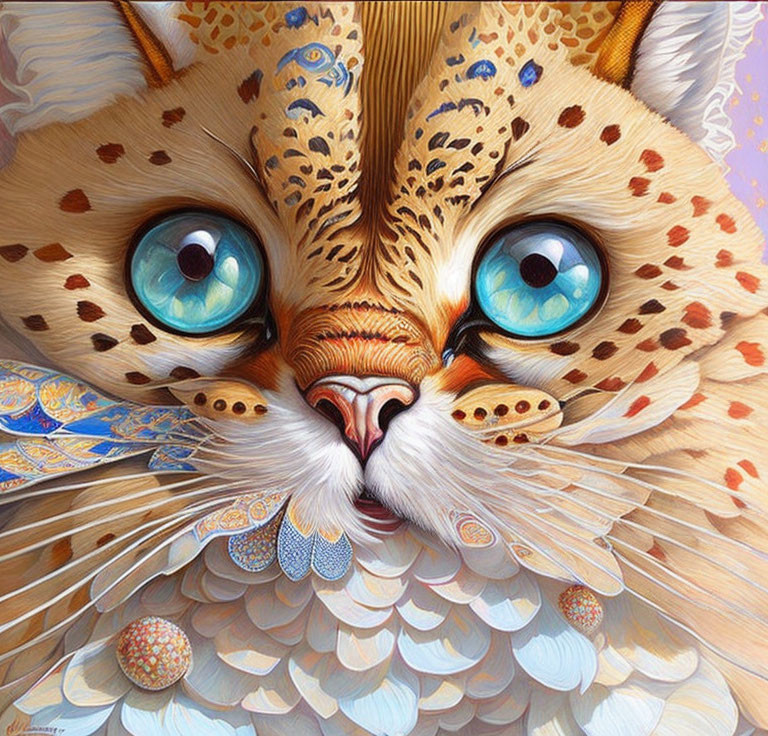 Detailed painting of fantastical cat with large blue eyes and intricate patterns in vibrant colors