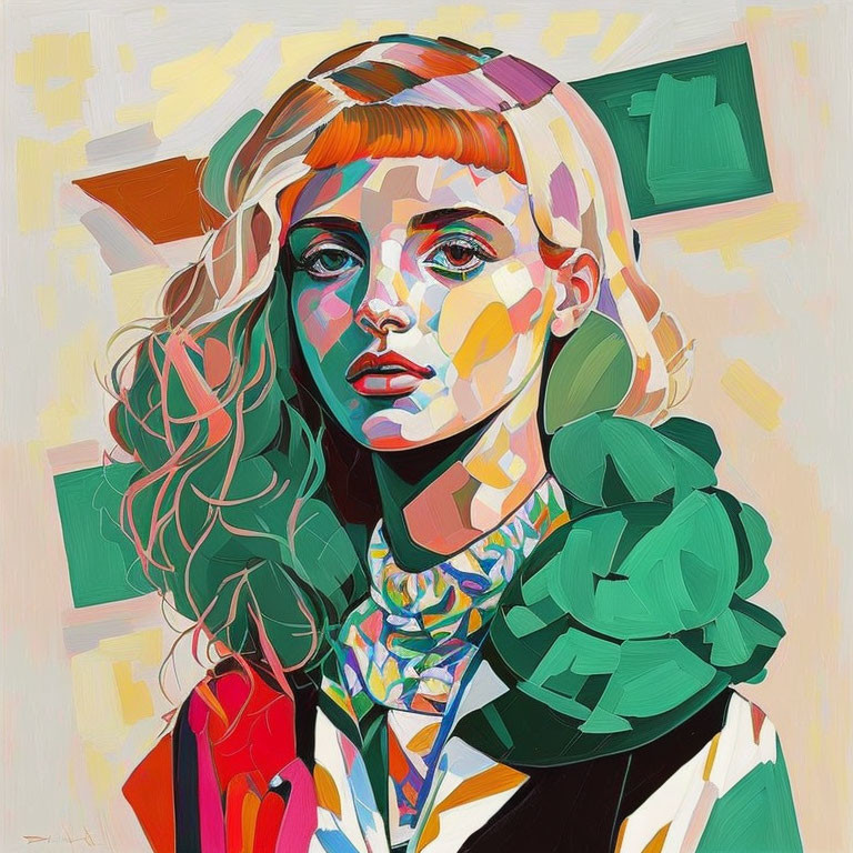 Colorful Abstract Portrait of Woman with Curly Hair