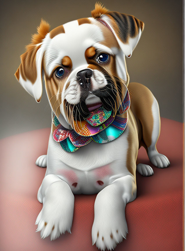 Adorable Bulldog Puppy with Wide Eyes and Bow Tie on Cushion