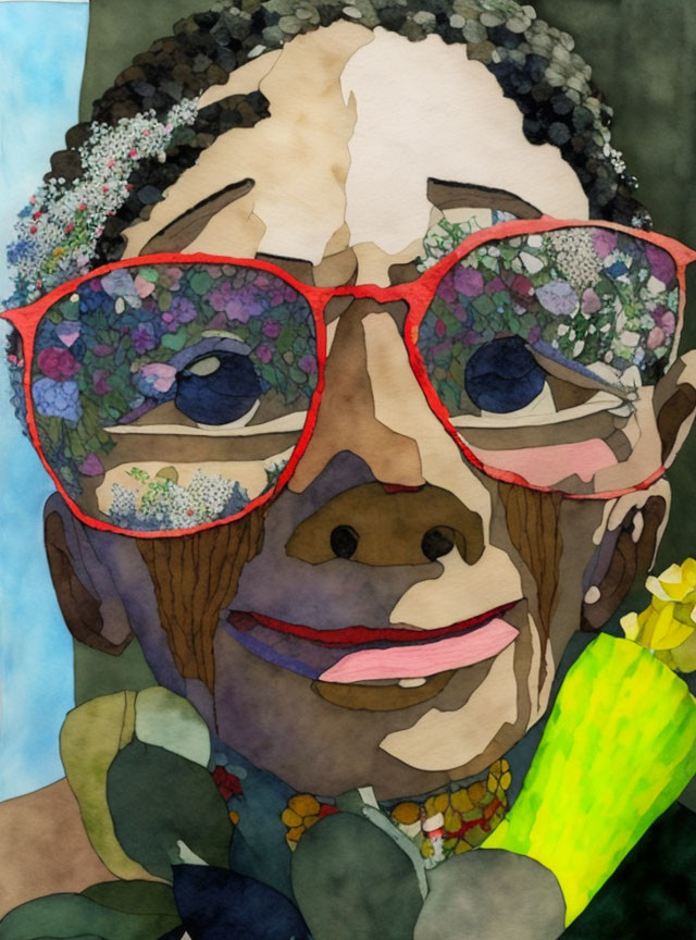 Person in Red Glasses Reflecting Flowers in Watercolor