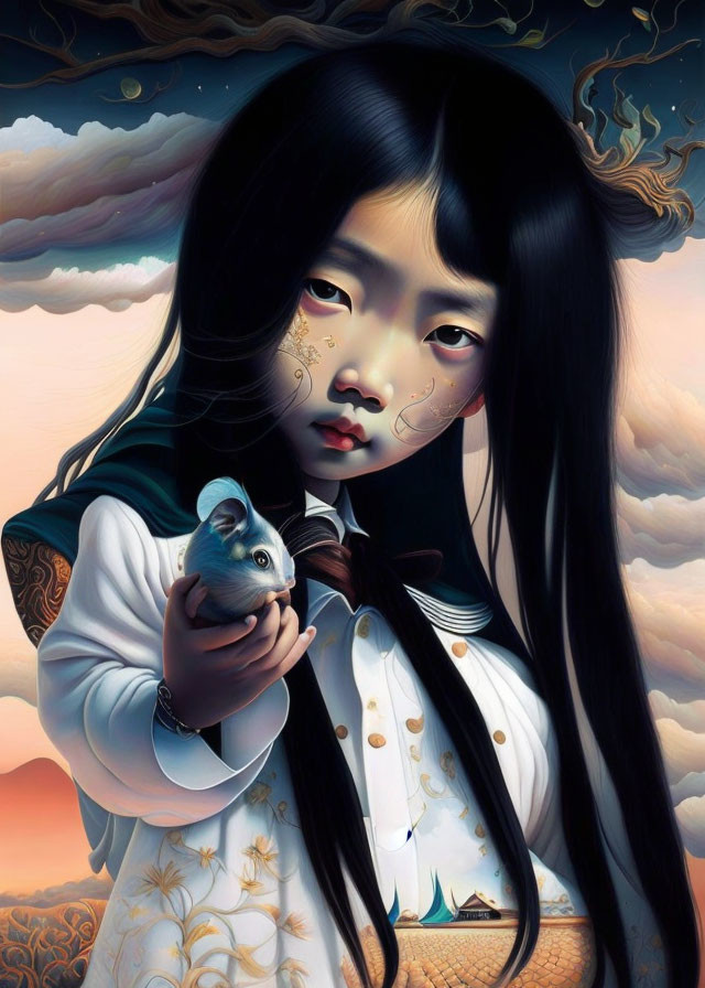 Portrait of girl with long black hair holding white mouse in whimsical landscape