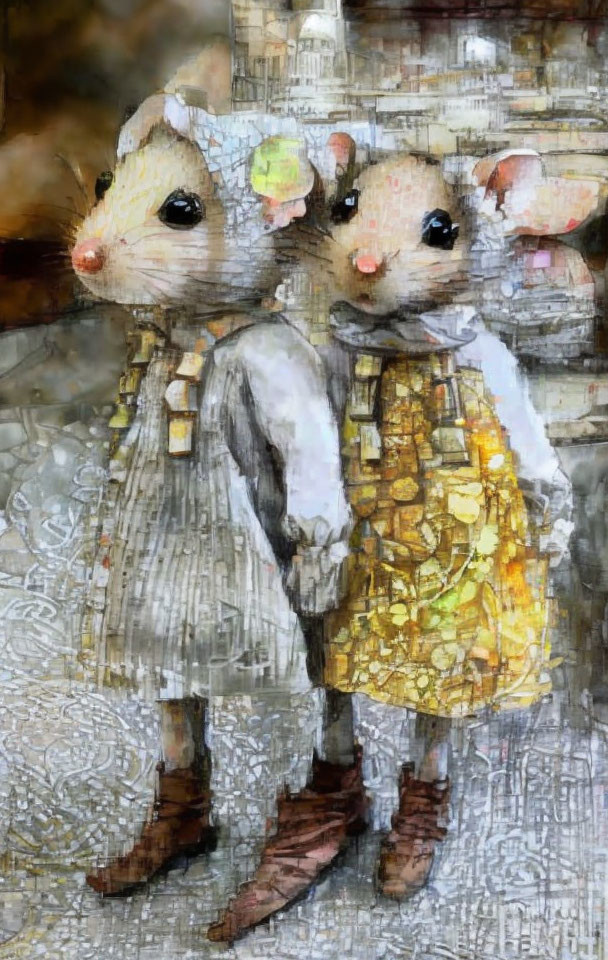 Anthropomorphic mice in human-like attire holding hands on textured backdrop