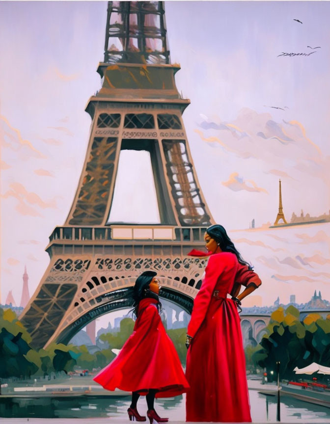 Illustration: Two people in red dresses by Eiffel Tower with pastel sky and cityscape