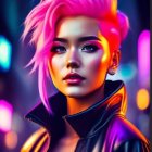 Vibrant pink hair and blue eyes in glossy purple-black jacket on colorful bokeh background