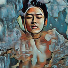 Person with Closed Eyes in Mosaic-Like Painting with Earthy & Cool Tones