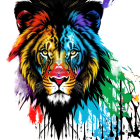 Colorful Lion's Head Artwork with Psychedelic Paint Drips on Dark Background