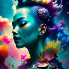 Vibrant digital artwork: Blue-skinned woman with multicolored hair