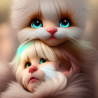 Child with expressive green eyes and white cat with blue eyes illustration.