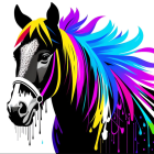 Colorful Mane Black Horse with Tribal Face Markings in Pink, Blue, Yellow