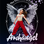 Colorful animated poster: Girl with dynamic wings in "Archangel" against dark backdrop with floral and