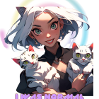 Illustrated female character with cat-like features holding white cats under a full moon.