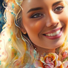 Colorful portrait of smiling woman with blonde hair and floral details