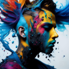 Colorful portrait of person with dripping paint in blues, purples, and pinks