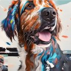 Vibrant stylized dog portrait with abstract patterns