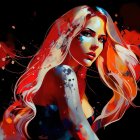 Vivid digital artwork: Woman with flowing hair in red, black, white palette