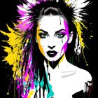 Vibrant woman with feathered headdress on black background