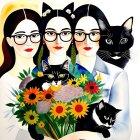 Colorful Artwork Featuring Stylized Women with Cat-Like Features