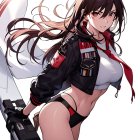 Anime female character with long hair, bomber jacket, and large sword