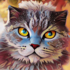 Vibrant cat painting with blue forehead, yellow eyes, and autumn leaves.