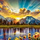 Vibrant painting of mountain landscape with lake and flowers