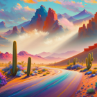 Colorful Landscape Painting with Winding Paths and Snow-Capped Mountains