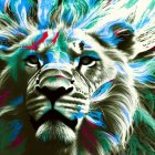 Colorful digital artwork of lion with golden mane and blue patterns on face, teal crown, bokeh