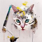 Colorful Cat with Blue Eyes Surrounded by Butterflies and Sword