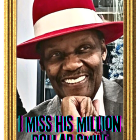 Stylized portrait of a smiling man in red hat and suit with text "I MISS HIS MILL