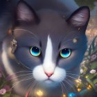 Colorful Cat Face Painting with Bright Blue Eyes