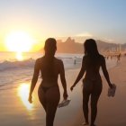 Two women in bikinis on beach at sunset with city skyline.