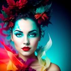 Colorful makeup woman with floral and scaly background portrait.