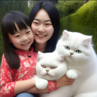 Young girl and woman holding white cats in nature setting.