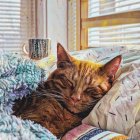 Multicolored Cat Sleeping on Floral Bedding Set with Gold Pillows