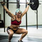 Stylized painting of strong woman squatting with barbell and spotter, against sky backdrop