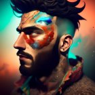 Colorful digital portrait of man with dreadlocks and intricate tattoos