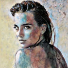 Portrait of woman with face blending into colorful ink-like substance