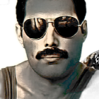 Geometric portrait of a man with slicked-back hair, mustache, sunglasses, and patterned