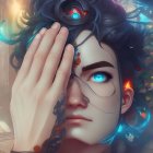 Surreal portrait: Blue-eyed person with ornate eye device, vibrant floral and feather elements