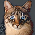 Hyper-realistic painting: Cat with blue eyes, detailed fur, whiskers on dark background