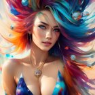 Colorful cosmic hair woman illustration with stars and celestial motif