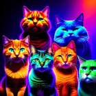 Colorful neon cats and butterflies digital artwork on dark background