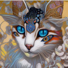 Colorful digital artwork of a cat with blue eyes and cosmic patterns in a floral setting.