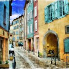 Colorful European street scene with old buildings and cobblestone path in vibrant paint-like style