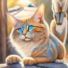 Vibrantly colored digital artwork of an orange tabby cat with blue eyes in sunny autumn park