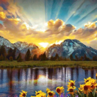 Colorful sunset over mountain landscape with reflective lake, framed by flowers and trees under dynamic sky.