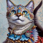 Vivid multicolored cat illustration on glittery background