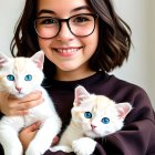 Smiling woman with glasses holding two white kittens